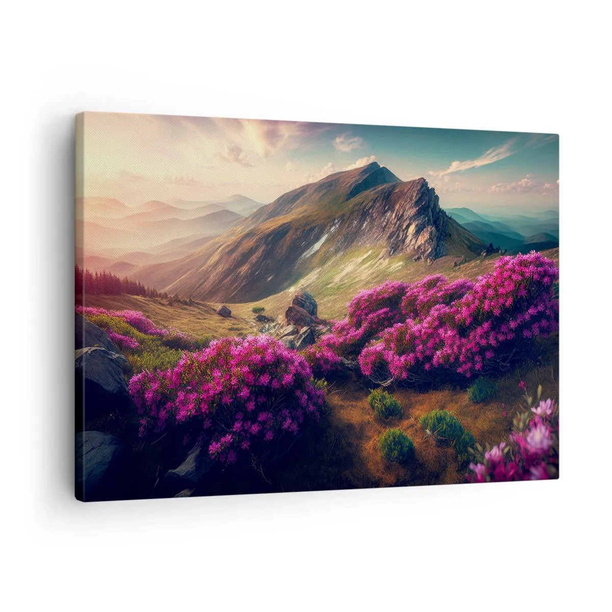 Obraz na płótnie - Górski krajobraz z kwitnącymi rododendronami - 70x50cm - Lato w górach - Nowoczesna dekoracja ścienna do salonu i sypialni ARTTOR