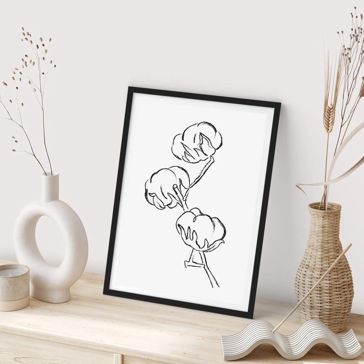 Plakat w czarnej ramie - Minimalistyczny szkic gałązki bawełny - 50x70cm - Bawełniany puch - Nowoczesna dekoracja ścienna do salonu i sypialni ARTTOR