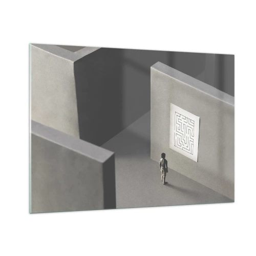 Obraz na szkle - Dziecko w labiryncie z symbolem zagadki - 100x70cm - Ale gdzie jestem? - Nowoczesna dekoracja ścienna do salonu, kuchni i sypialni ARTTOR