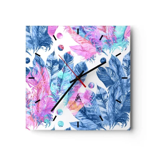 Zegar ścienny - Abstrakcyjny wzór z kolorowymi piórami w pastelowych odcieniach - 30x30cm - Pióropusze w różu i błękicie - Nowoczesna dekoracja ścienna do salonu i sypialni ARTTOR