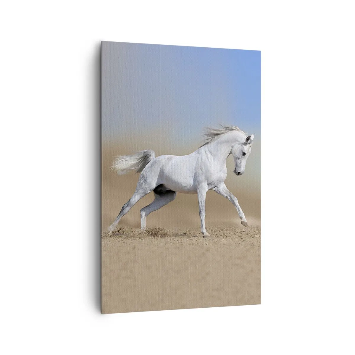 Obraz na płótnie - Biały koń galopujący po pustynnym krajobrazie - 80x120cm - Najpiękniejsza arabska baśń - Nowoczesna dekoracja ścienna do salonu i sypialni ARTTOR
