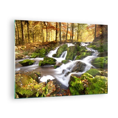 Obraz na szkle - Leśny strumień z wodospadami w jesiennym krajobrazie - 70x50cm - Bystro przez jesienny las - Nowoczesna dekoracja ścienna do salonu i sypialni ARTTOR