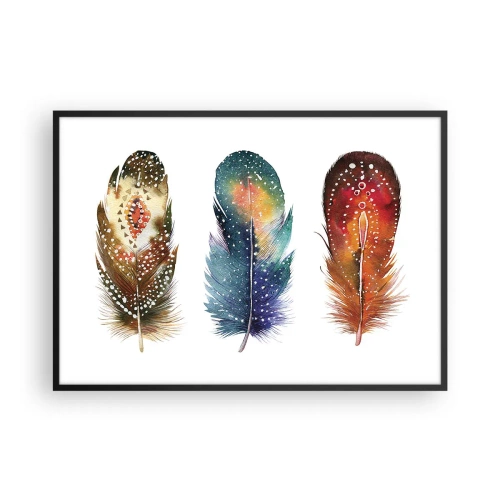Plakat w czarnej ramie - Trzy kolorowe pióra z artystycznymi wzorami na jasnym tle - 100x70cm - Rytuały, obrzędy, tajemnice - Nowoczesna dekoracja ścienna do salonu i sypialni ARTTOR