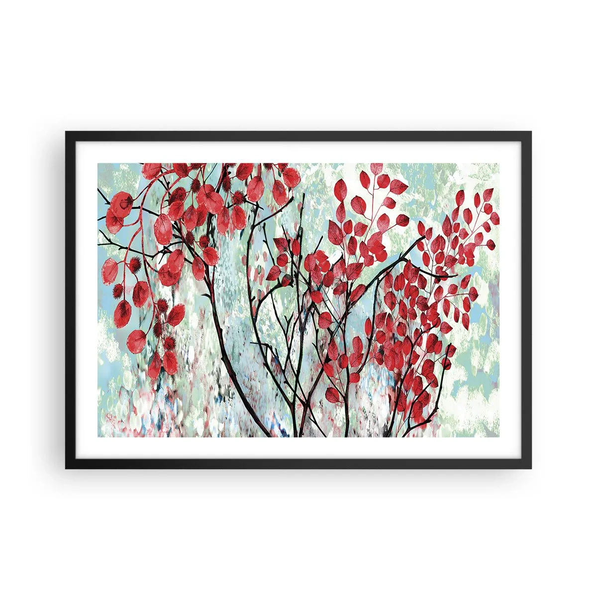 Plakat w czarnej ramie - Czerwone liście na tle jasnego nieba z abstrakcyjnymi wzorami - 70x50cm - Drzewo w szkarłacie - Nowoczesna dekoracja ścienna do salonu i sypialni ARTTOR