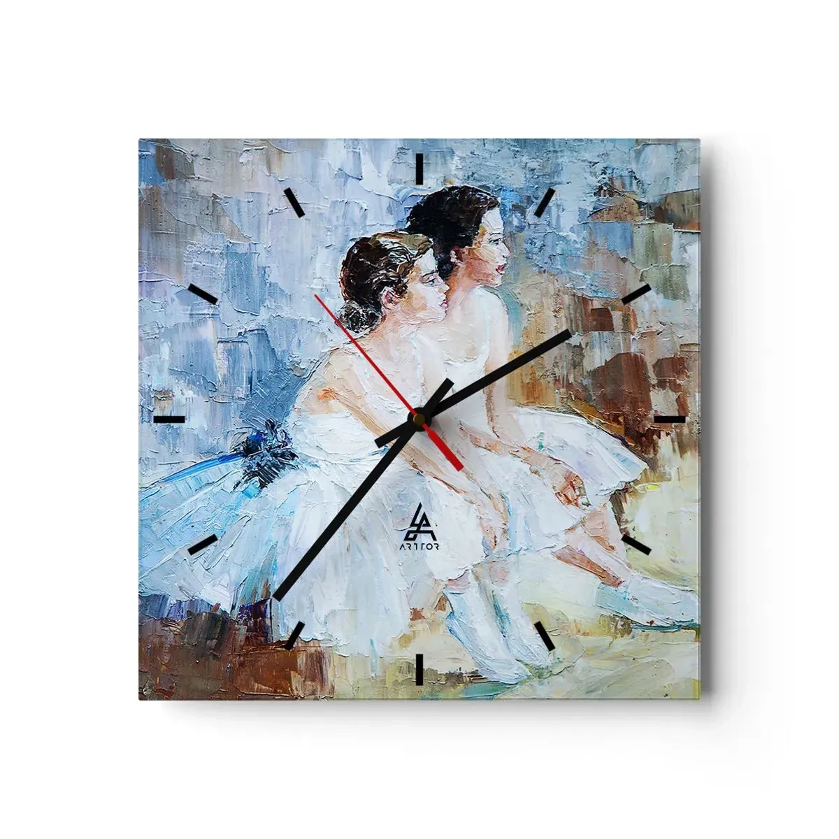 Zegar ścienny - Dwie baletnice w białych strojach odpoczywające na tle w pastelach - 30x30cm - Odpoczynek młodych łabędzi - Nowoczesna dekoracja ścienna do salonu i sypialni ARTTOR