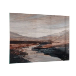 Obraz na szkle - Malownicza dolina z rzeką w odcieniach brązu i błękitu - 70x50cm -  Spokojna dolina - Nowoczesna dekoracja ścienna do salonu i sypialni ARTTOR