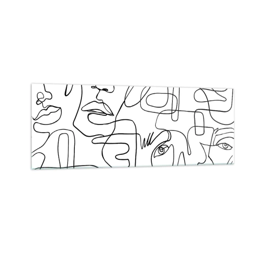 Obraz na szkle - Minimalistyczny rysunek twarzy z liniami na jasnym tle - 140x50cm - W splątanych emocjach - Nowoczesna dekoracja ścienna do salonu i sypialni ARTTOR