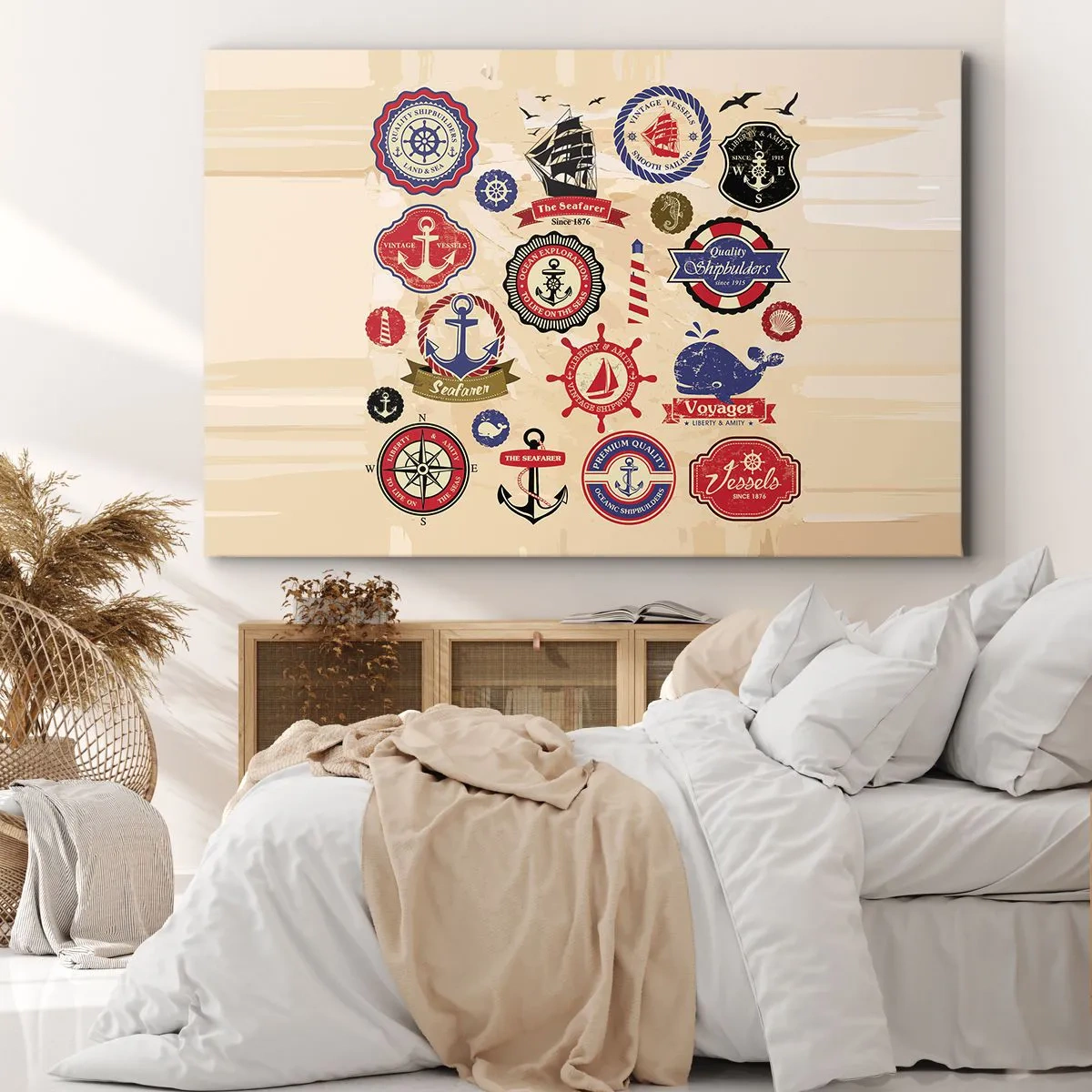 Obraz na płótnie - Kolekcja marynistycznych grafik i symboli na jasnym tle - 100x70cm - Żeglarskie braterstwo - Nowoczesna dekoracja ścienna do salonu, kuchni i sypialni ARTTOR