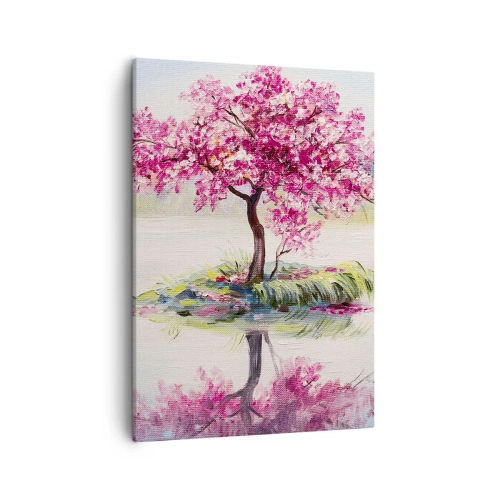 Obraz na płótnie - Drzewo kwitnącej wiśni odbijające się w tafli spokojnej wody - 50x70cm - Święto wiosny - Nowoczesna dekoracja ścienna do salonu, kuchni i sypialni ARTTOR