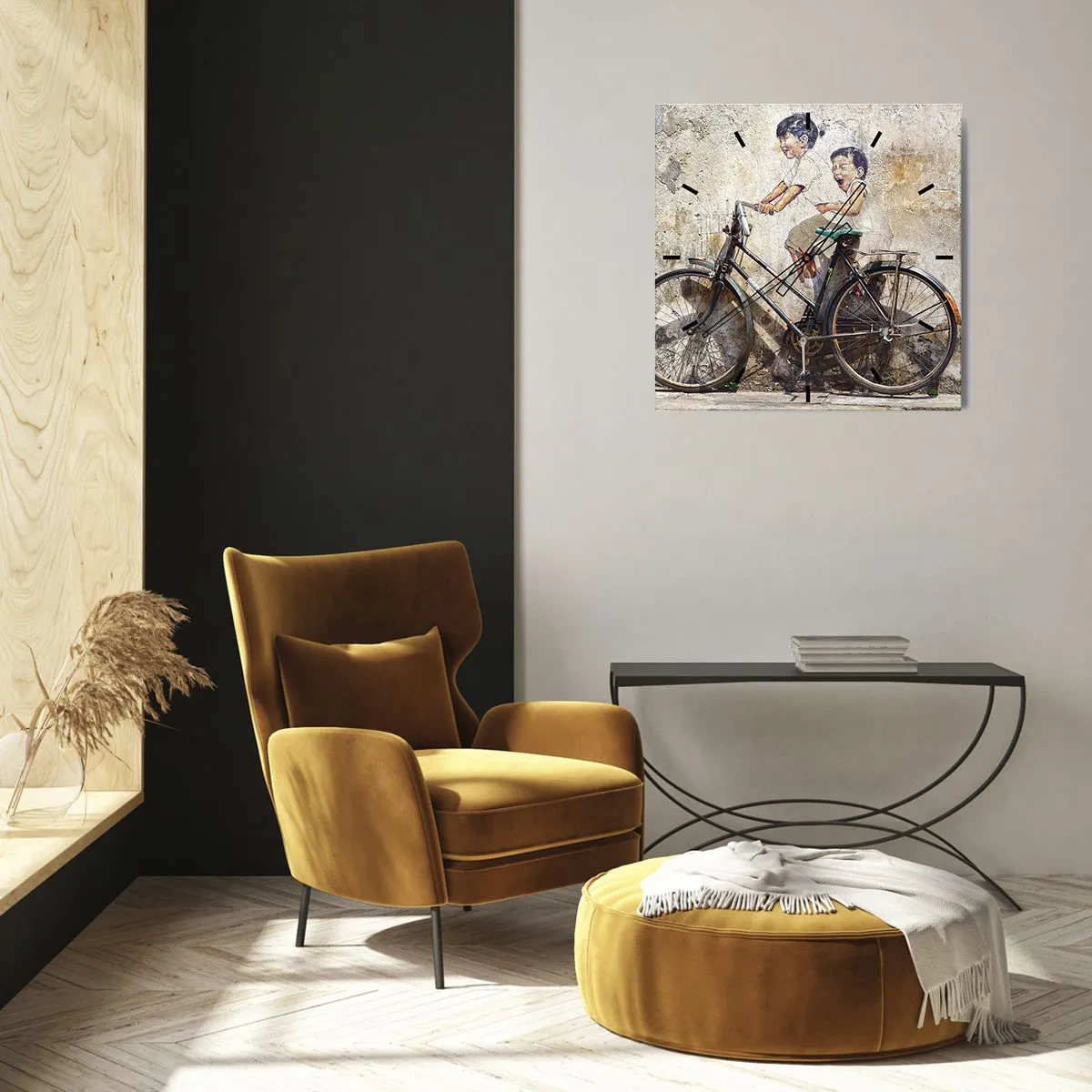 Zegar ścienny - Uliczna sztuka z rowerem i rysunkiem dzieci na ścianie - 30x30cm - Prawda czy fałsz? - Nowoczesna dekoracja ścienna do salonu i sypialni ARTTOR