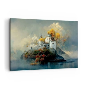 Obraz na płótnie - Zamek na wzgórzu otoczony jesiennymi drzewami - 120x80cm - Początek romantycznej opowieści - Nowoczesna dekoracja ścienna do salonu, kuchni i sypialni ARTTOR