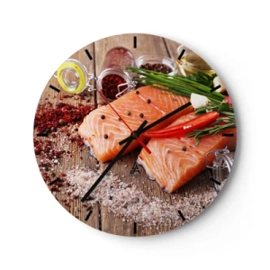 Zegar ścienny - Filet z łososia z przyprawami - 30x30cm - Norweska przygoda w kuchni - Nowoczesna dekoracja ścienna do salonu, kuchni i sypialni ARTTOR