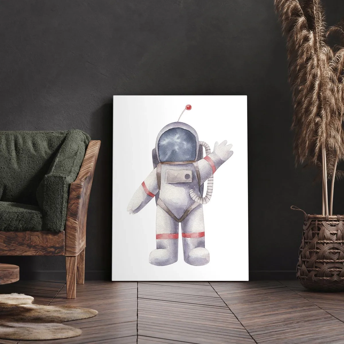 Obraz na płótnie - Akwarelowy astronauta w skafandrze kosmicznym machający ręką - 50x70cm - To na razie! - Nowoczesna dekoracja ścienna do salonu, kuchni i sypialni ARTTOR