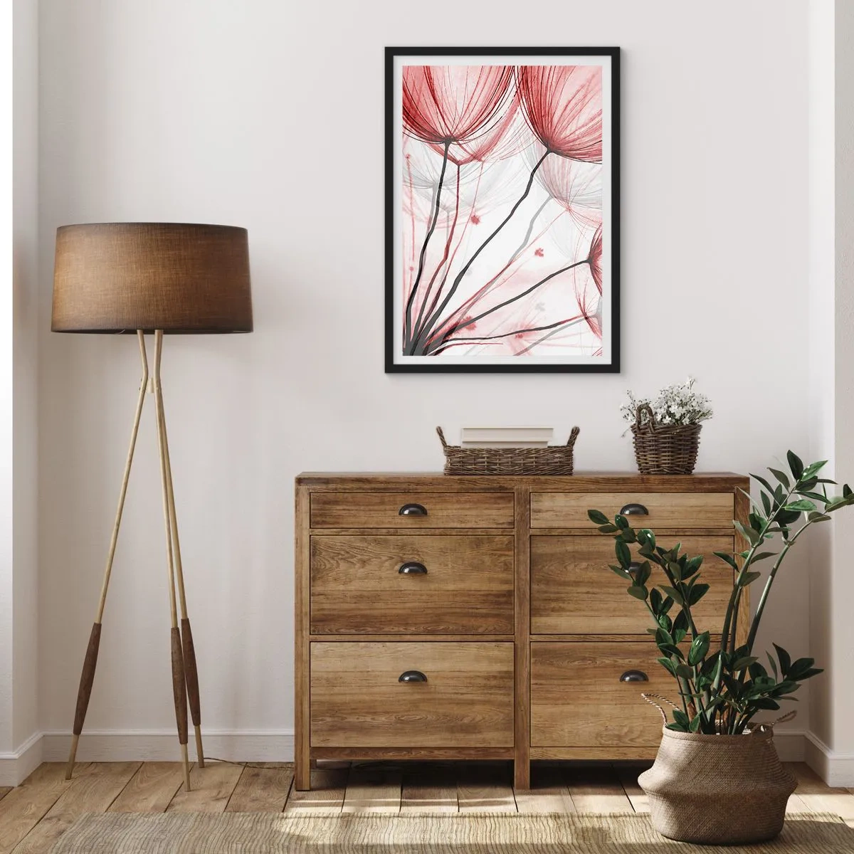 Plakat w czarnej ramie - Delikatne dmuchawce w odcieniach czerwieni i czerni - 50x70cm - Przed odlotem - Nowoczesna dekoracja ścienna do salonu i sypialni ARTTOR