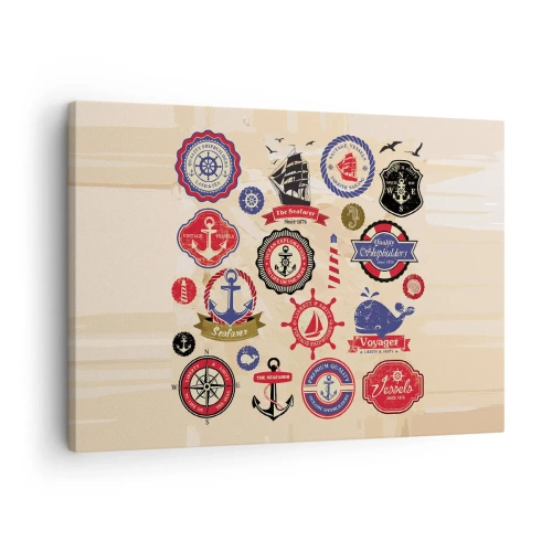 Obraz na płótnie - Kolekcja marynistycznych grafik i symboli na jasnym tle - 70x50cm - Żeglarskie braterstwo - Nowoczesna dekoracja ścienna do salonu i sypialni ARTTOR