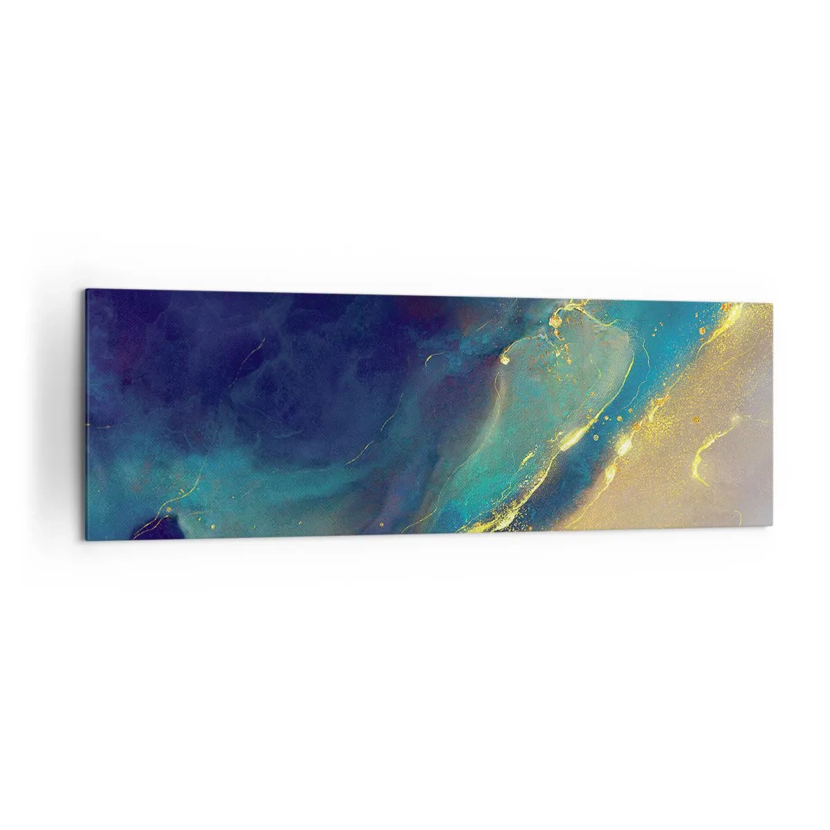 Obraz na płótnie - Abstrakcyjna kompozycja w odcieniach niebieskiego i złotego na płótnie - 160x50cm - Złote rozlewisko - Nowoczesna dekoracja ścienna do salonu i sypialni ARTTOR