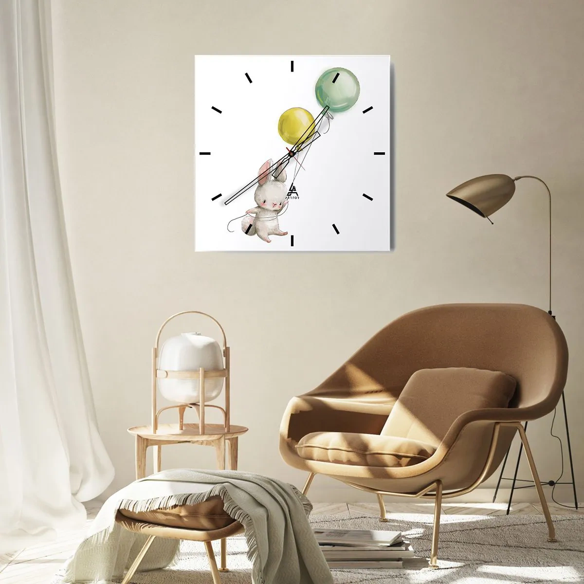 Zegar ścienny - Królik trzymający balony w pastelowych odcieniach - 30x30cm - Też polecę! - Nowoczesna dekoracja ścienna do salonu i sypialni ARTTOR