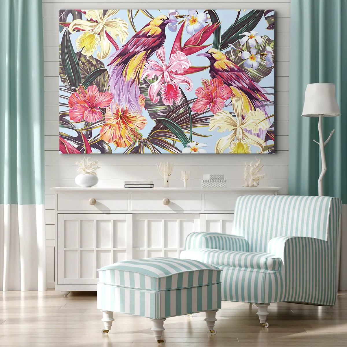 Obraz na płótnie - Egzotyczne ptaki wśród tropikalnych kwiatów - 70x50cm - Płatki i piórka - Nowoczesna dekoracja ścienna do salonu i sypialni ARTTOR