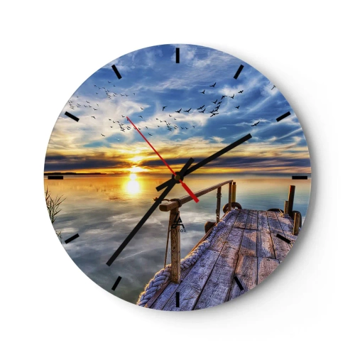 Zegar ścienny - Drewniany pomost nad jeziorem o zachodzie słońca - 30x30cm - Wiatr idzie na spoczynek - Nowoczesna dekoracja ścienna do salonu, kuchni i sypialni ARTTOR