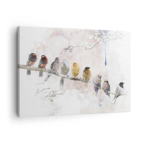 Obraz na płótnie - Kolorowe ptaki na gałęzi w akwarelowym stylu - 70x50cm - Skrzydlate spotkanie - Nowoczesna dekoracja ścienna do salonu i sypialni ARTTOR