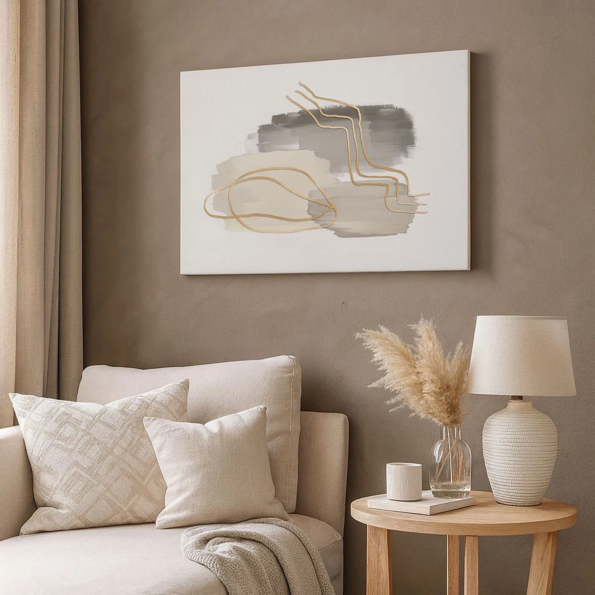 Obraz na płótnie - Abstrakcyjne złote linie na szarym tle - 70x50cm - Trwanie i ruch - Nowoczesna dekoracja ścienna do salonu i sypialni ARTTOR