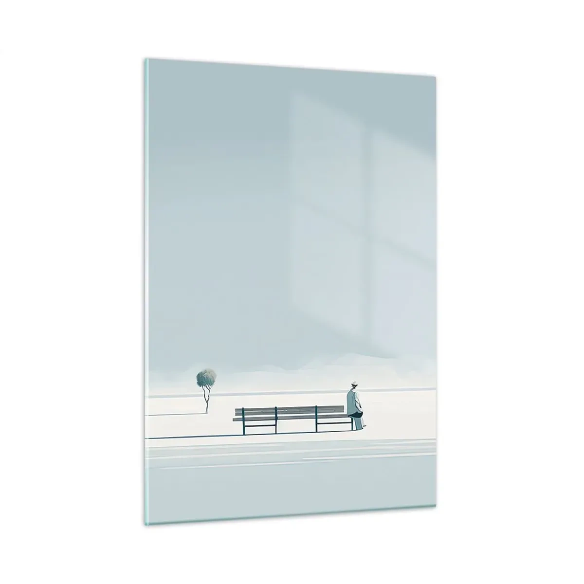 Obraz na szkle - Postać przy ławce w minimalistycznym krajobrazie - 50x70cm - Tak, czekam. - Nowoczesna dekoracja ścienna do salonu, kuchni i sypialni ARTTOR