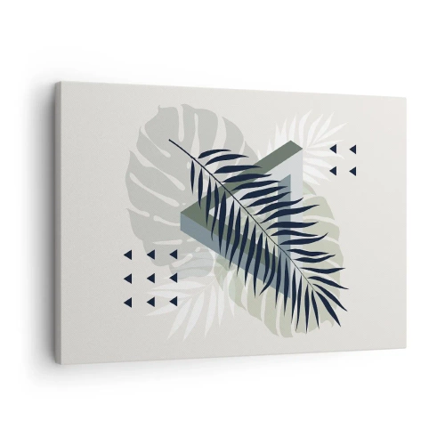 Obraz na płótnie - Geometryczna kompozycja z tropikalnymi liśćmi w odcieniach zieleni - 70x50cm - Natura i geometria – dwa porządki? - Nowoczesna dekoracja ścienna do salonu i sypialni ARTTOR