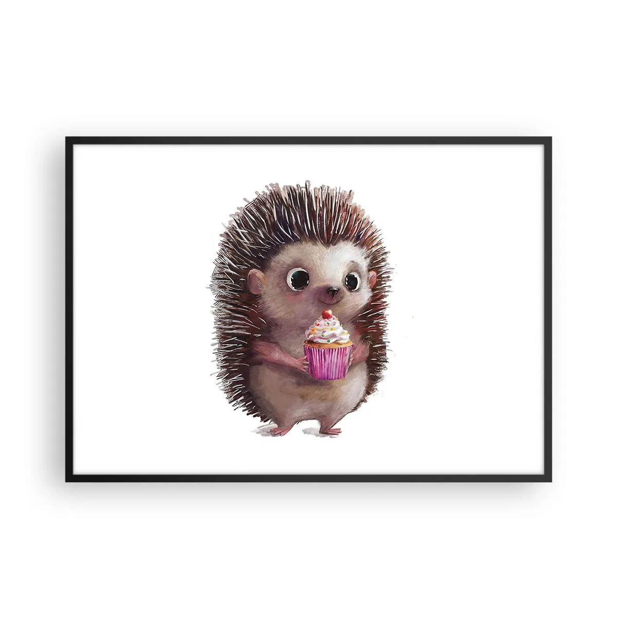 Plakat w czarnej ramie - Uroczy jeżyk z babeczką - 100x70cm - Święto jest co dzień - Nowoczesna dekoracja ścienna do salonu i sypialni ARTTOR