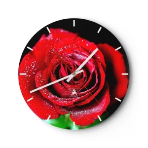 Zegar ścienny - Czerwona róża pokryta kroplami rosy - 30x30cm - To właśnie miłość - Nowoczesna dekoracja ścienna do salonu, kuchni i sypialni ARTTOR