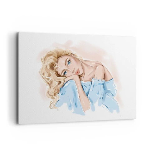 Obraz na płótnie - Portret kobiety w błękitnej sukni z blond włosami - 100x70cm - Rozmarzona w błękicie - Nowoczesna dekoracja ścienna do salonu, kuchni i sypialni ARTTOR