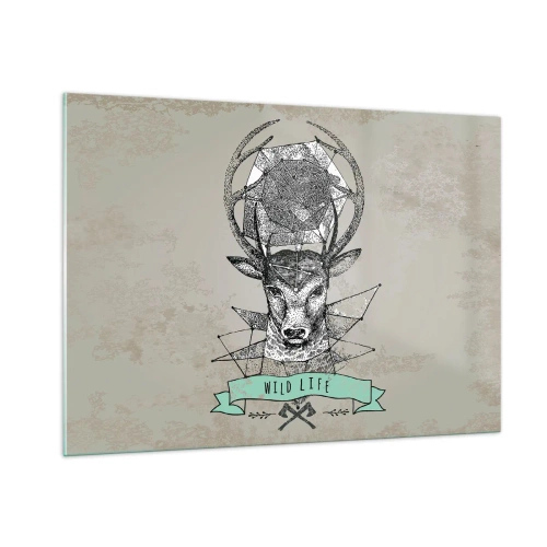 Obraz na szkle - Geometriczny rysunek jelenia z napisem Wild Life - 100x70cm - Widzenie św. Hubertusa - Nowoczesna dekoracja ścienna do salonu, kuchni i sypialni ARTTOR