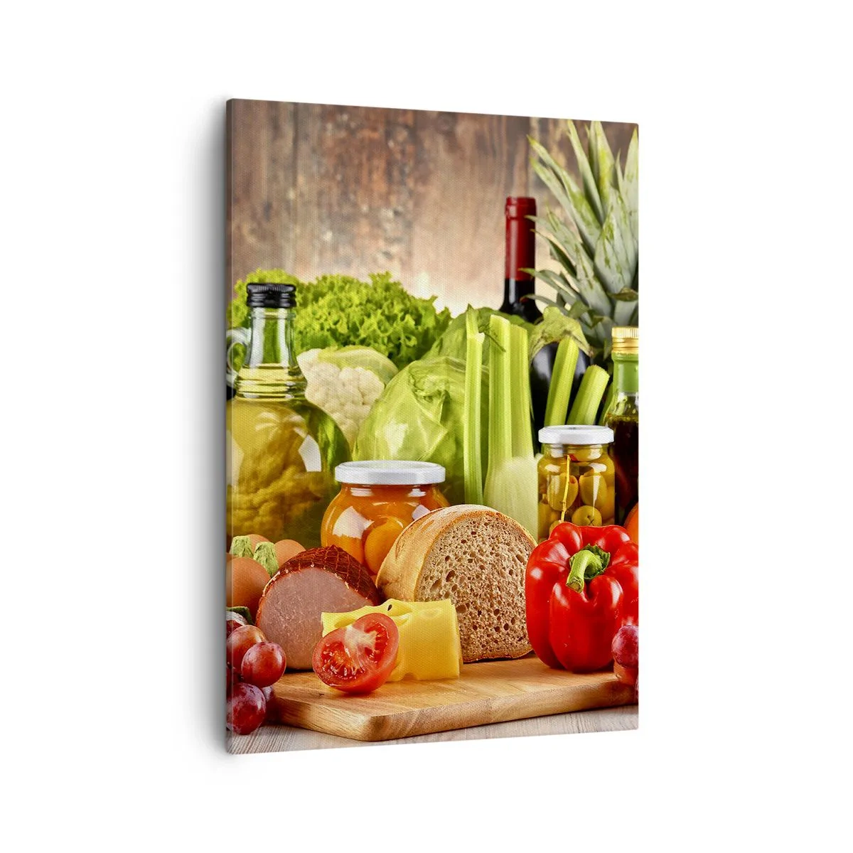 Obraz na płótnie - Kompozycja świeżych warzyw, owoców i produktów spożywczych - 50x70cm - Wędzone, pieczone, marynowane - Nowoczesna dekoracja ścienna do salonu, kuchni i sypialni ARTTOR