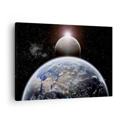 Obraz na płótnie - Planeta Ziemia i Księżyc na tle gwiezdnej przestrzeni kosmicznej. - 70x50cm - Pejzaż kosmiczny - wschód słońca - Nowoczesna dekoracja ścienna do salonu i sypialni ARTTOR