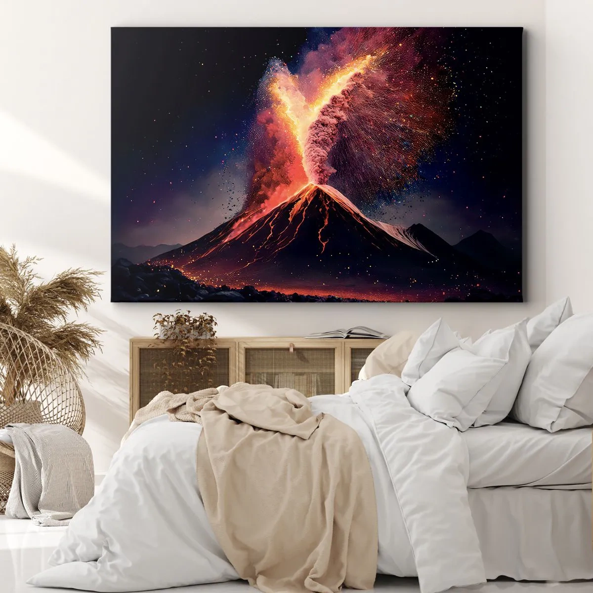 Obraz na płótnie - Wyjątkowa erupcja wulkanu w nocy z dynamicznymi kolorami - 70x50cm - Piękno i groza - Nowoczesna dekoracja ścienna do salonu i sypialni ARTTOR