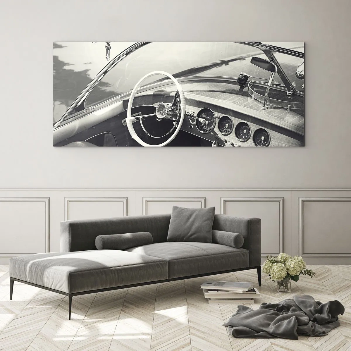 Obraz na szkle - Wnętrze klasycznego samochodu w monochromatycznym stylu - 120x50cm - Pogoda dla bogaczy - Nowoczesna dekoracja ścienna do salonu i sypialni ARTTOR