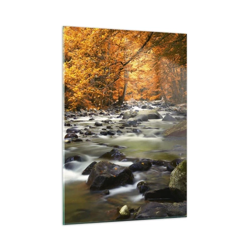 Obraz na szkle - Jesienny las z potokiem i kamieniami - 50x70cm - Potok w złotym lesie - Nowoczesna dekoracja ścienna do salonu, kuchni i sypialni ARTTOR
