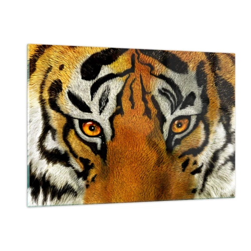 Obraz na szkle - Intensywne spojrzenie tygrysa na zbliżeniu - 120x80cm - Groźny i piękny - Nowoczesna dekoracja ścienna do salonu, kuchni i sypialni ARTTOR