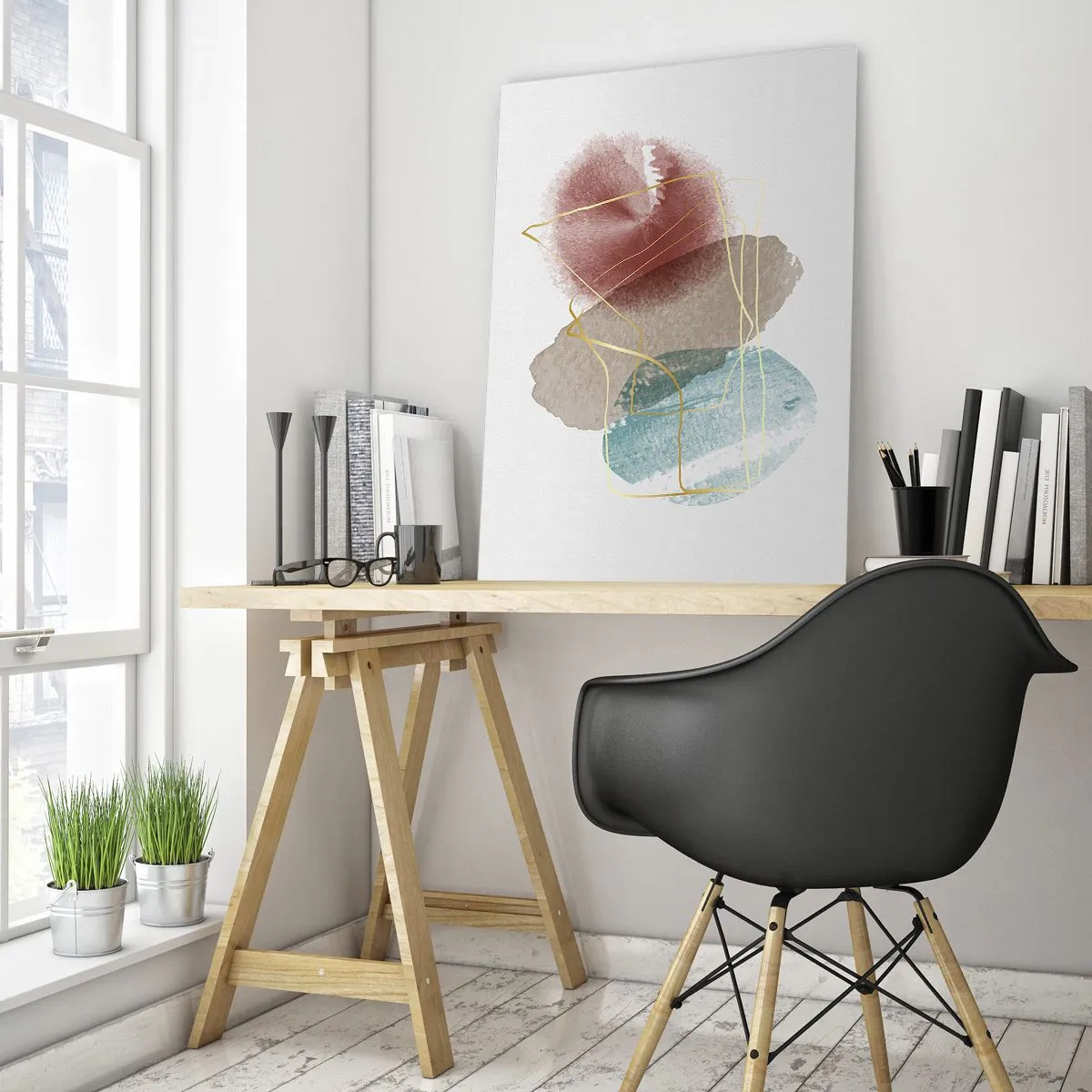 Obraz na szkle - Abstrakcyjne formy z delikatnymi kolorami i złotymi liniami - 70x100cm - Korale przestrzeni - Nowoczesna dekoracja ścienna do salonu i sypialni ARTTOR