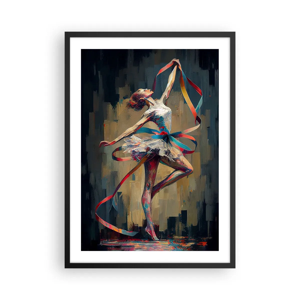Plakat w czarnej ramie - Tancerka w dynamicznej pozie z kolorowymi wstęgami - 50x70cm - Taniec ze wstęgą - Nowoczesna dekoracja ścienna do salonu i sypialni ARTTOR