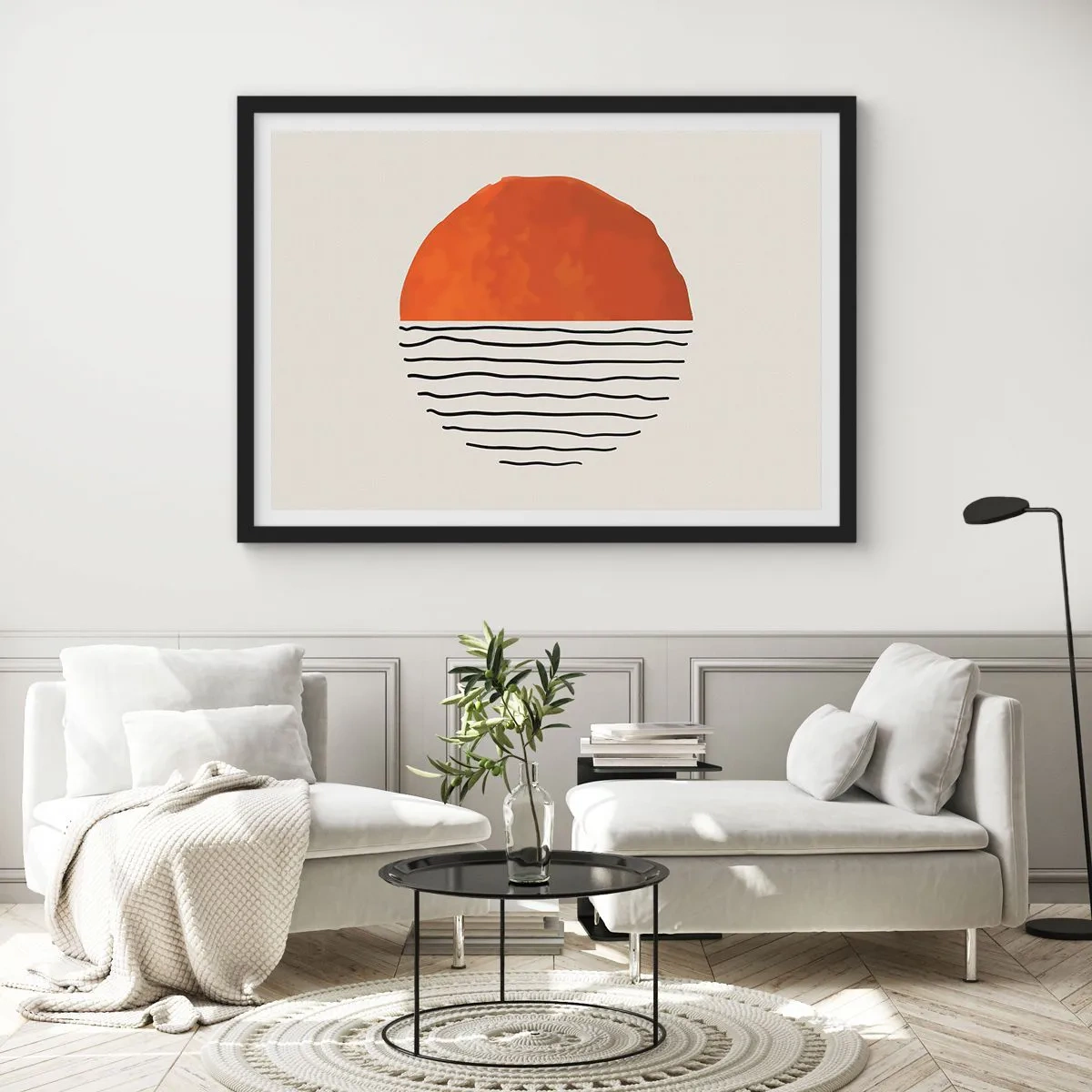 Plakat w czarnej ramie - Minimalistyczny zachód słońca nad liniami przypominającymi fale - 100x70cm - W japońskim klimacie - Nowoczesna dekoracja ścienna do salonu i sypialni ARTTOR