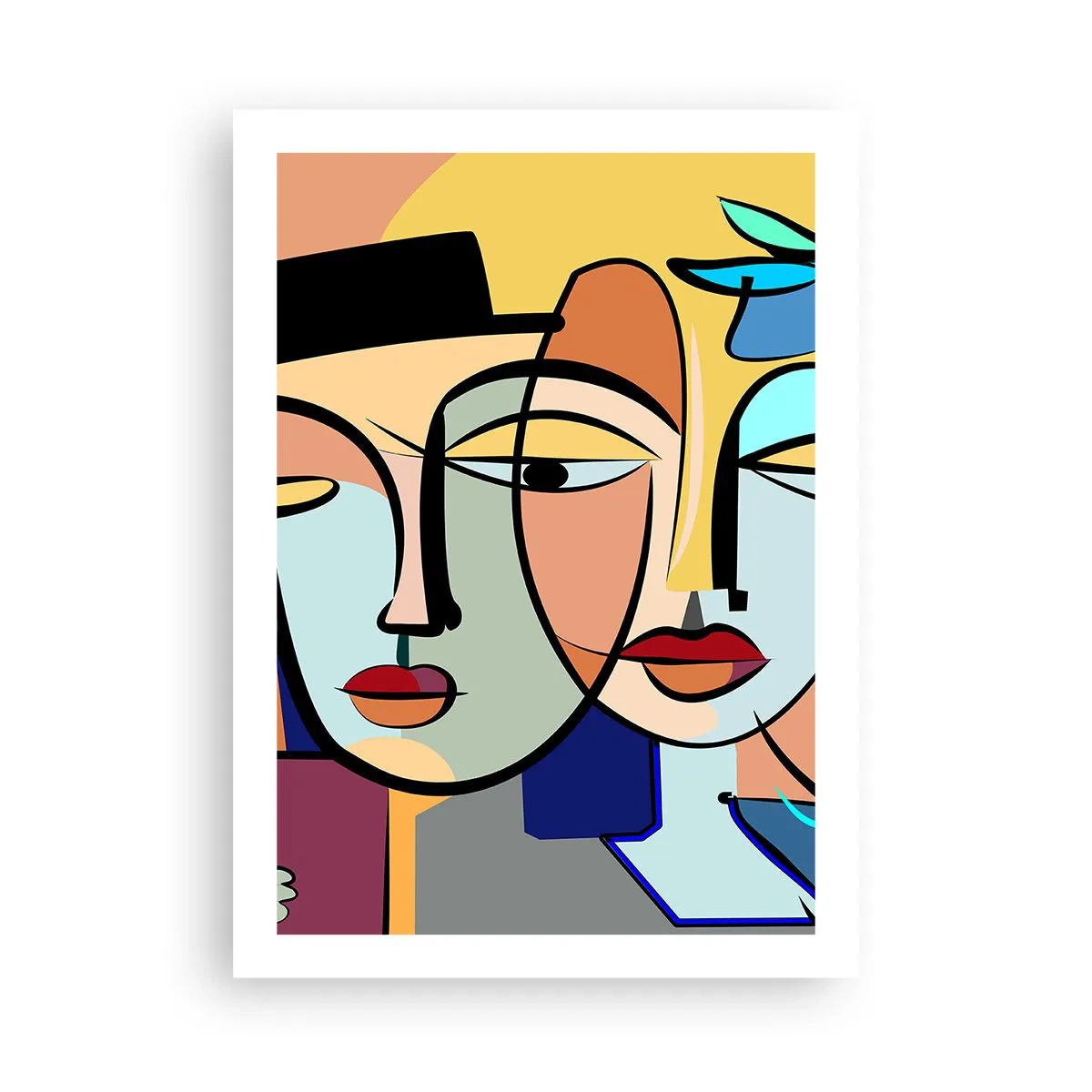 Plakat - Kolorowa abstrakcyjna kompozycja twarzy w stylu kubistycznym - 50x70cm - Picassowskie randez vous - Nowoczesna dekoracja ścienna do salonu, kuchni i sypialni ARTTOR