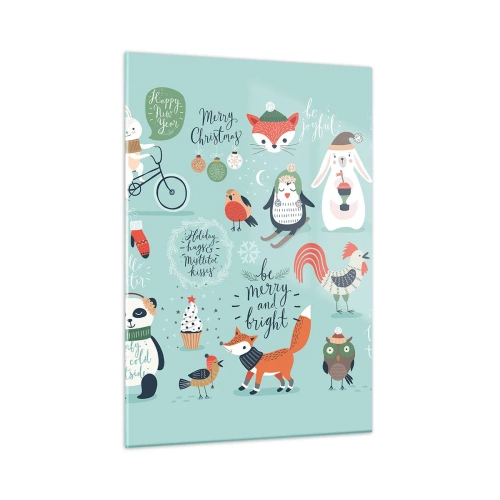 Obraz na szkle - Świąteczne ilustracje zwierząt na pastelowym tle - 50x70cm - Niech zawsze już będą święta! - Nowoczesna dekoracja ścienna do salonu, kuchni i sypialni ARTTOR