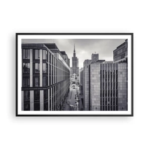 Plakat w czarnej ramie - Panorama Warszawy z widokiem na Pałac Kultury i otaczające budynki - 100x70cm - Warszawska dolina - Nowoczesna dekoracja ścienna do salonu i sypialni ARTTOR