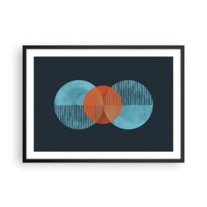 Plakat w czarnej ramie - Geometryczne koła w odcieniach niebieskiego i pomarańczowego - 70x50cm - Kompozycja symetryczna - Nowoczesna dekoracja ścienna do salonu i sypialni ARTTOR