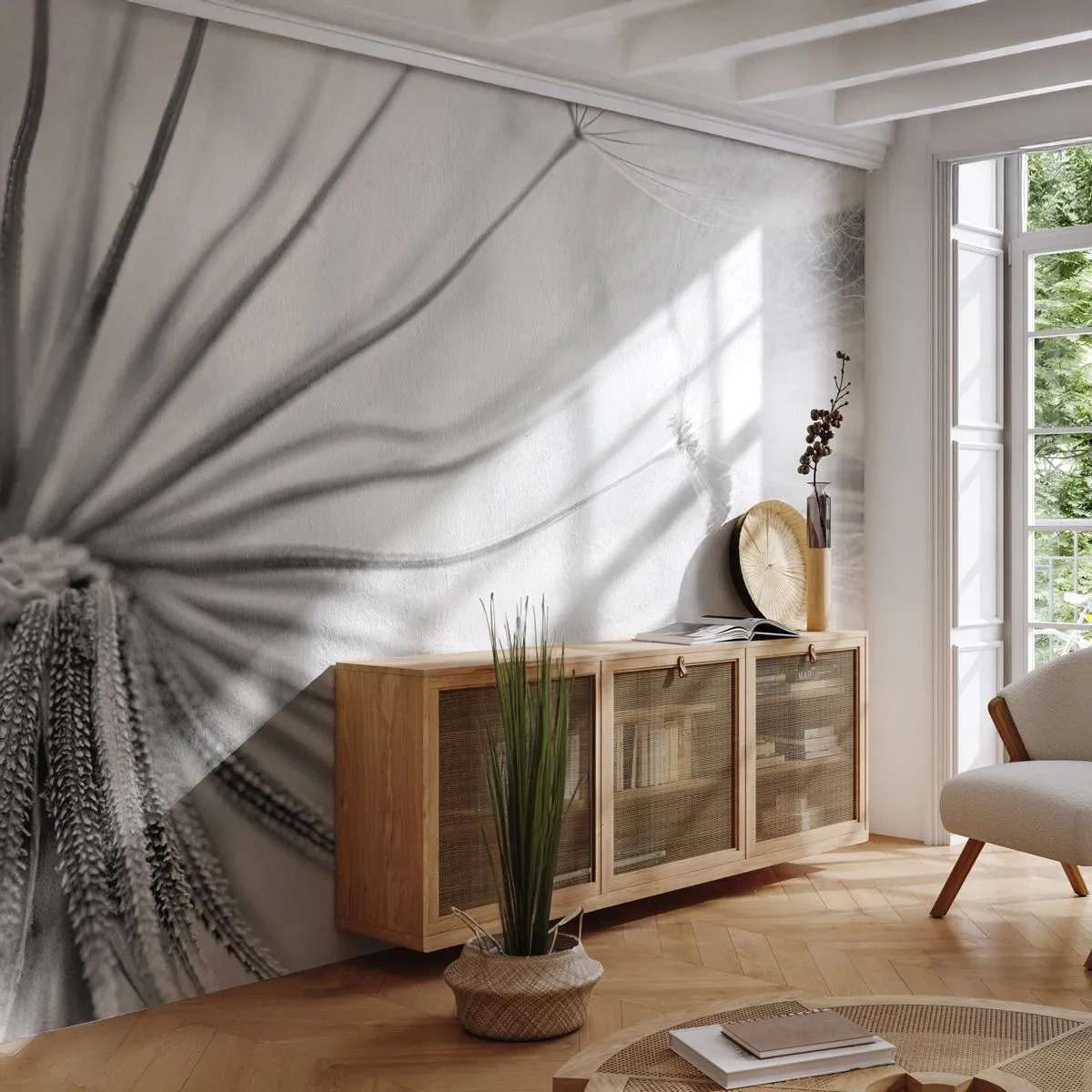 Fototapeta Premium Canvas - Delikatne dmuchawce w czarno-białej tonacji - 100x70cm - Dmuchawce, latawce - Nowoczesna dekoracja ścienna do salonu i sypialni ARTTOR