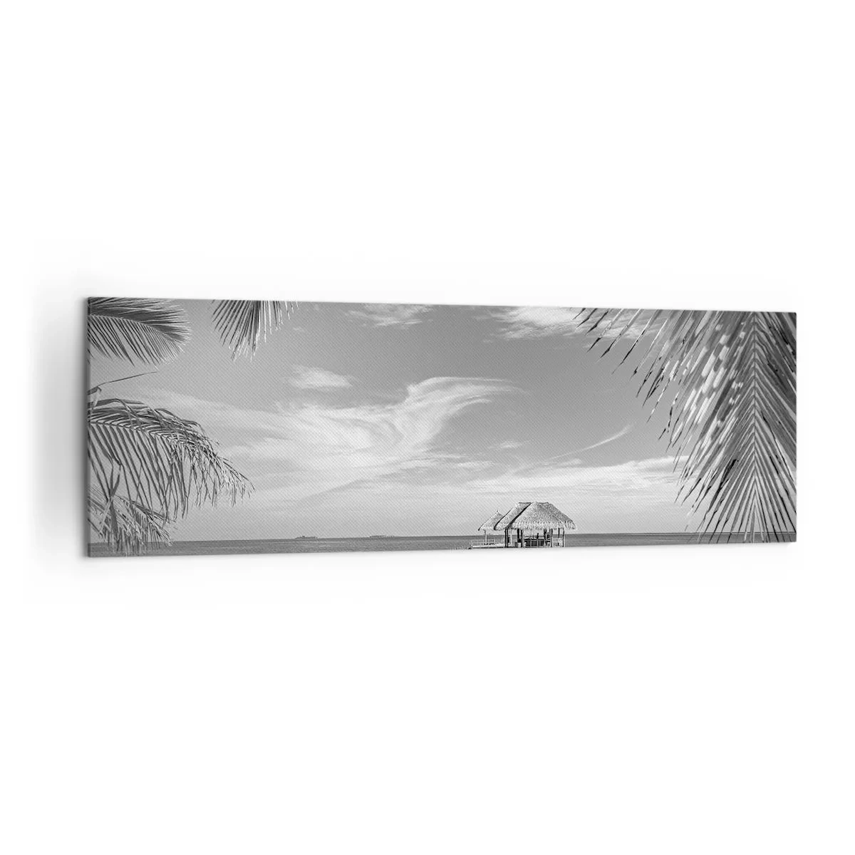 Obraz na płótnie - Czarno-biała plaża z molo i palmami na tropikalnym wybrzeżu - 160x50cm - Wspomnienie czy marzenie? - Nowoczesna dekoracja ścienna do salonu i sypialni ARTTOR