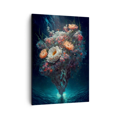 Obraz na płótnie - Fantazyjne kwiaty unoszące się nad wodą w tajemniczej scenerii - 50x70cm - Dziwny ogród - Nowoczesna dekoracja ścienna do salonu, kuchni i sypialni ARTTOR