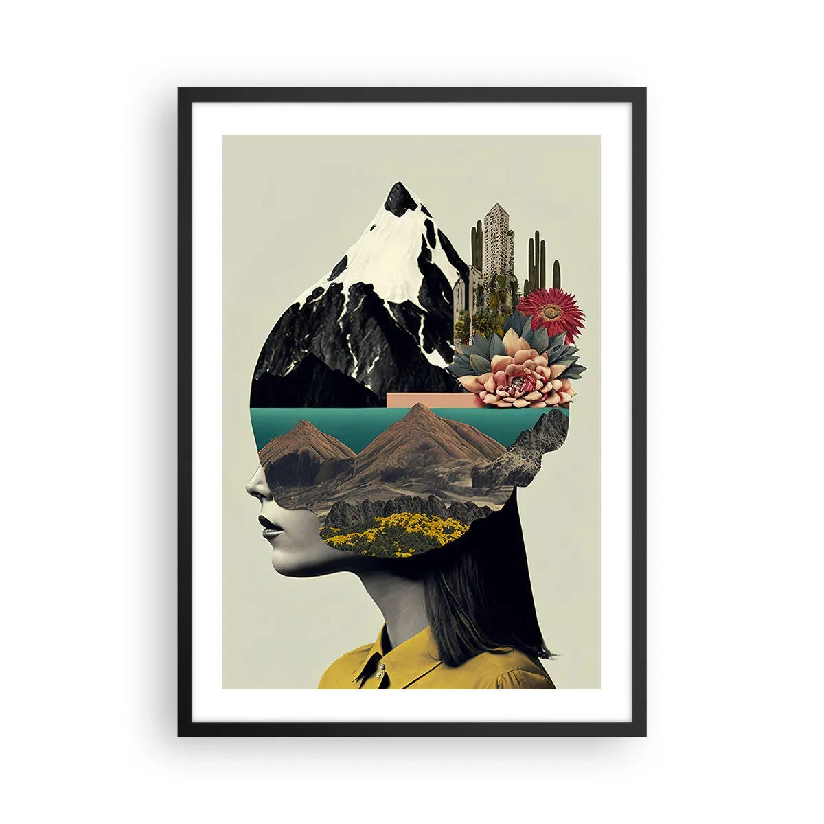 Plakat w czarnej ramie - Kobieta z surrealistycznym krajobrazem w głowie - 50x70cm - Kobieta – zawsze tajemnica - Nowoczesna dekoracja ścienna do salonu i sypialni ARTTOR