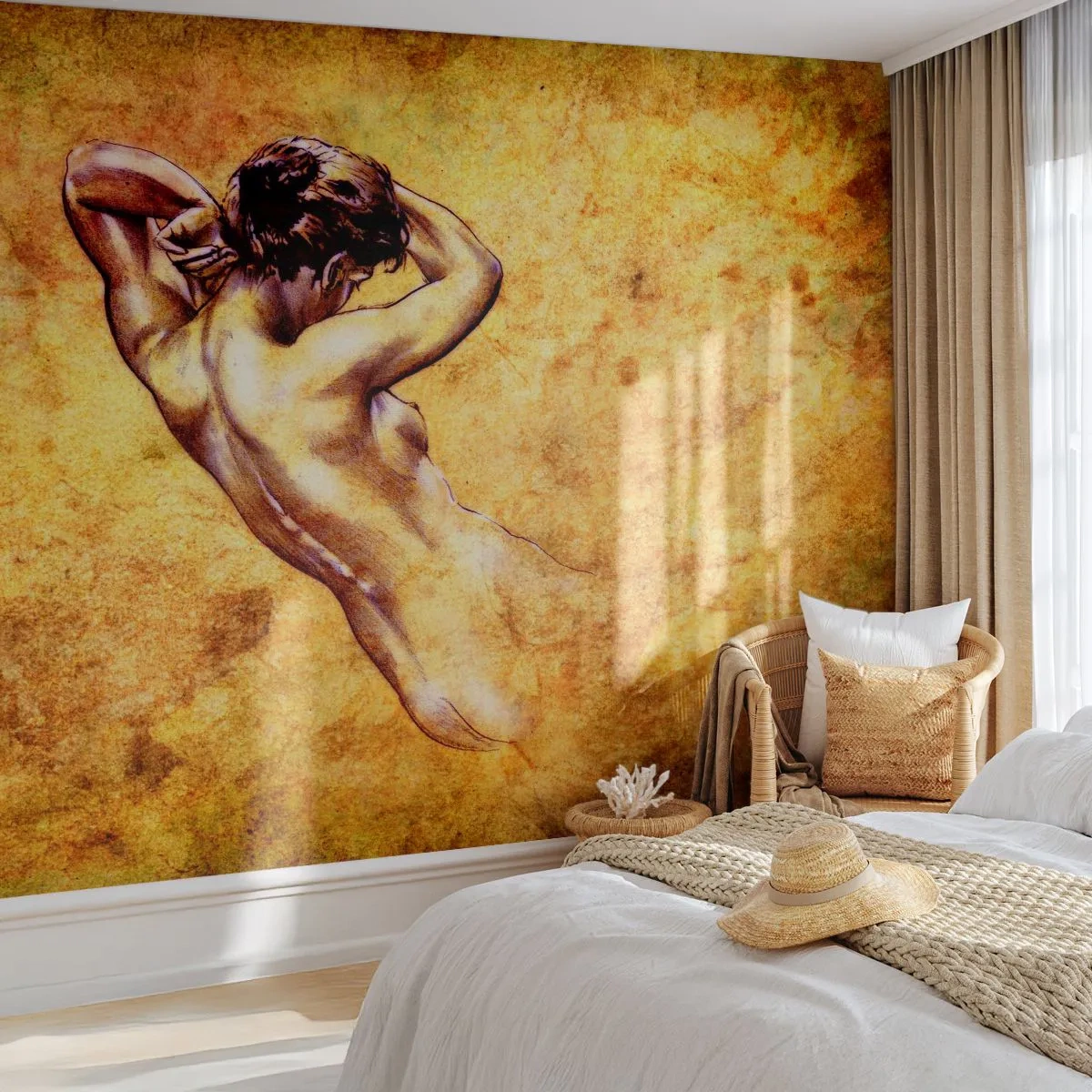 Fototapeta Premium Sand - Rysunek nagiej kobiety na złotym tle w stylu vintage - 100x70cm - Odkryta, ale wciąż tajemnica - Nowoczesna dekoracja ścienna do salonu, kuchni i sypialni ARTTOR