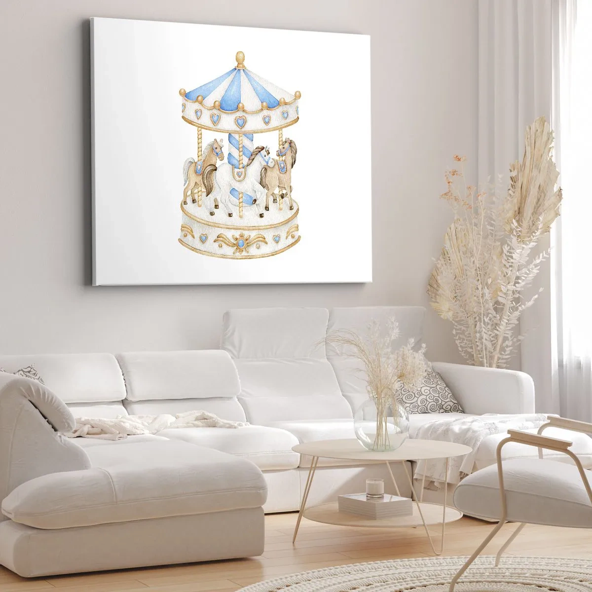 Obraz na płótnie - Karuzela w pastelowych kolorach na białym tle - 70x50cm - Słodkie dzieciństwo - Nowoczesna dekoracja ścienna do salonu i sypialni ARTTOR